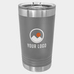 Mockup: Polar Camel 16oz pint tumbler in Dark Gray, UV printed with a sample YOUR LOGO mark