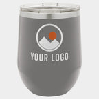 Mockup: Polar Camel 12oz stemless wine tumbler in Dark Gray, UV printed with a sample YOUR LOGO mark