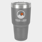 Mockup: Polar Camel 30oz Ringneck tumbler in Dark Gray, UV printed with a sample YOUR LOGO mark