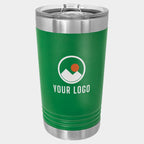 Mockup: Polar Camel 16oz pint tumbler in Green, UV printed with a sample YOUR LOGO mark