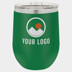 Mockup: Polar Camel 12oz stemless wine tumbler in Green, UV printed with a sample YOUR LOGO mark
