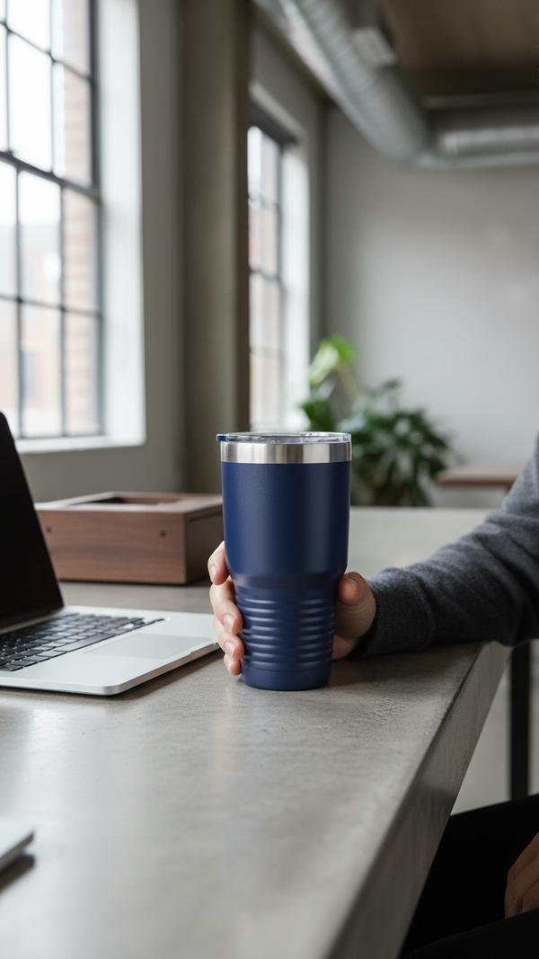 Custom 30oz Tumbler — hero shot in navy finish