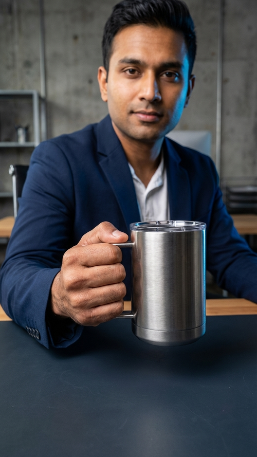 Custom 15oz Stainless Mug — hero shot in stainless finish
