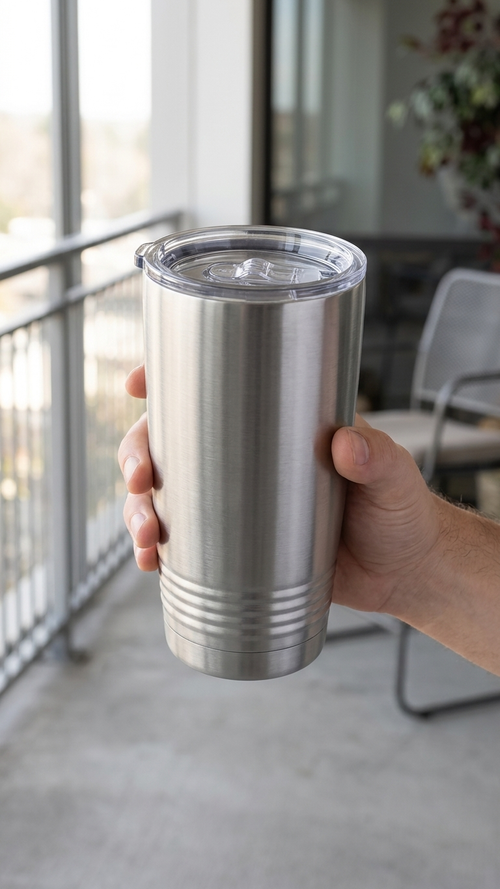Custom 20oz Leatherette Tumbler — hero shot in stainless finish