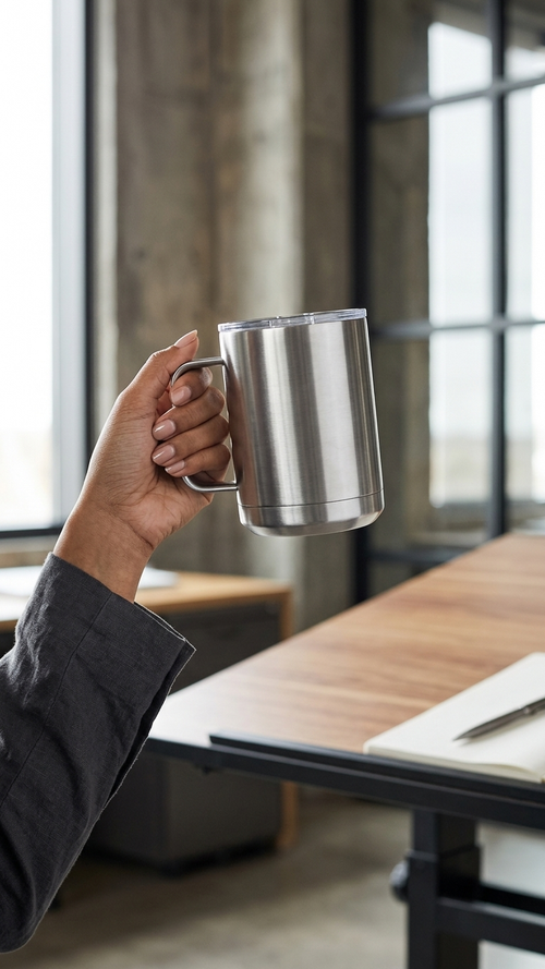 Custom 15oz Stainless Mug — hero shot in stainless finish
