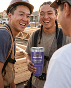 30oz Ringneck Tumbler, UV printed with a sample business logo (illustrative lifestyle image)
