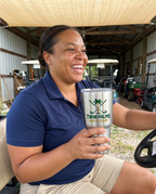 30oz Ringneck Tumbler, UV printed with a sample business logo (illustrative lifestyle image)