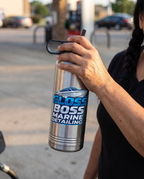 32oz Water Bottle, UV printed with a sample business logo (illustrative image, in hand for scale)