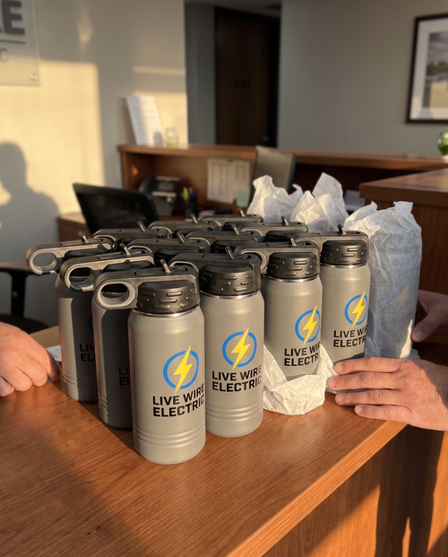 12oz Water Bottle, UV printed with a sample business logo (bulk order photo)