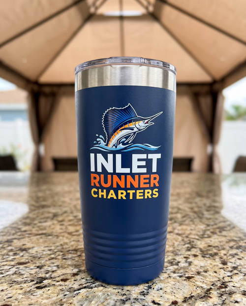 20oz Ringneck Tumbler, UV printed with a sample business logo (illustrative decoration close-up)