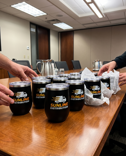 12oz Wine Tumbler, UV printed with a sample business logo (illustrative image of a bulk order)