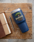 30oz Ringneck Tumbler, UV printed with a sample business logo (illustrative flat lay)