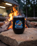12oz Wine Tumbler, UV printed with a sample business logo (illustrative outdoor image)