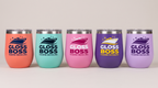 12oz Wine Tumbler, UV printed with a sample business logo (illustrative color lineup)