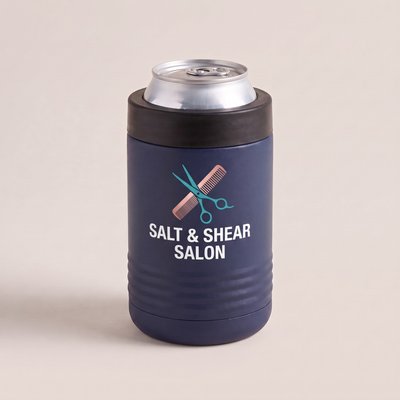 12oz Can Cooler, UV printed with a sample business logo (illustrative studio image)