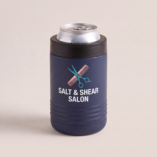 12oz Can Cooler, UV printed with a sample business logo (illustrative studio image)