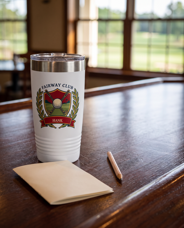 Fairway Club Crest personalized golf tumbler on a clubhouse bar top