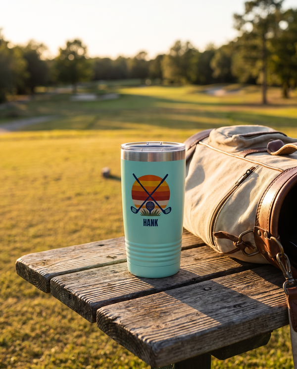 Retro Sunset Clubs personalized golf tumbler on a bench by a golf bag at golden hour