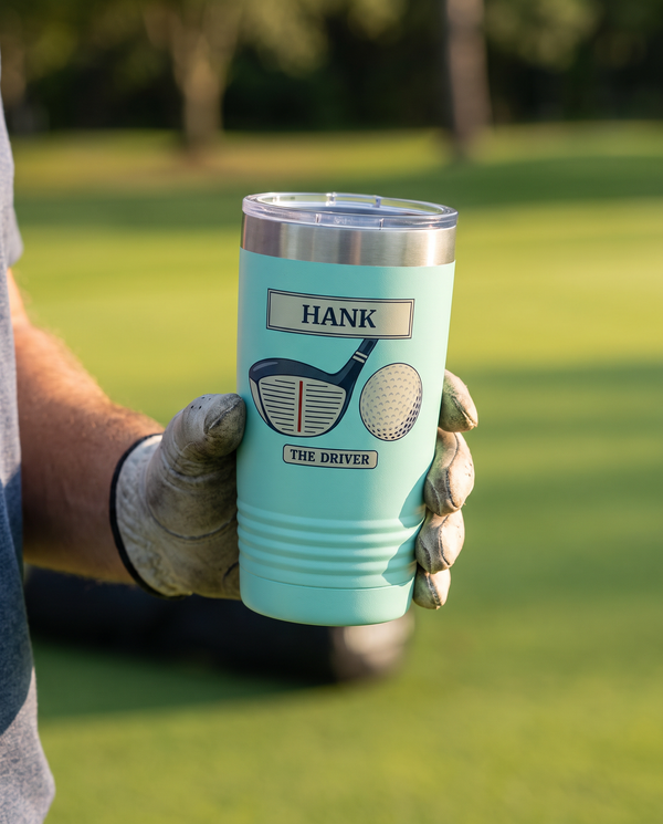 Course Plate Driver personalized golf tumbler held in a golf-gloved hand on the practice green