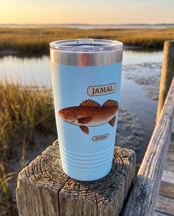 Field Guide Redfish personalized tumbler on a weathered dock piling over a saltwater flat, name JAMAL