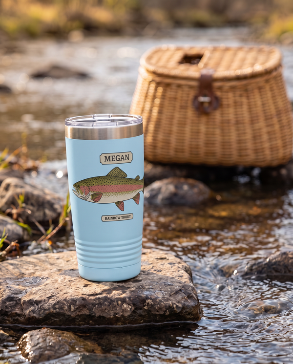 Field Guide Rainbow Trout personalized tumbler in light blue on a river rock beside a clear mountain creek, name MEGAN
