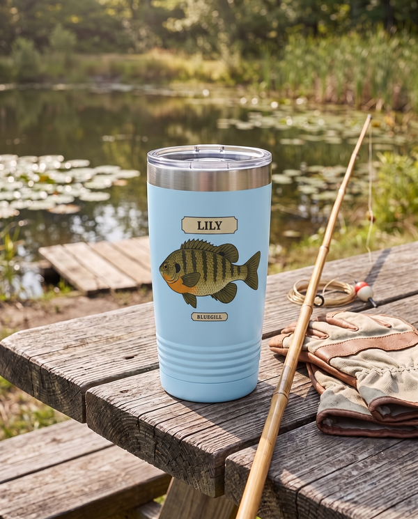 Field Guide Bluegill personalized tumbler in light blue on a picnic table by a pond with a cane pole, name LILY