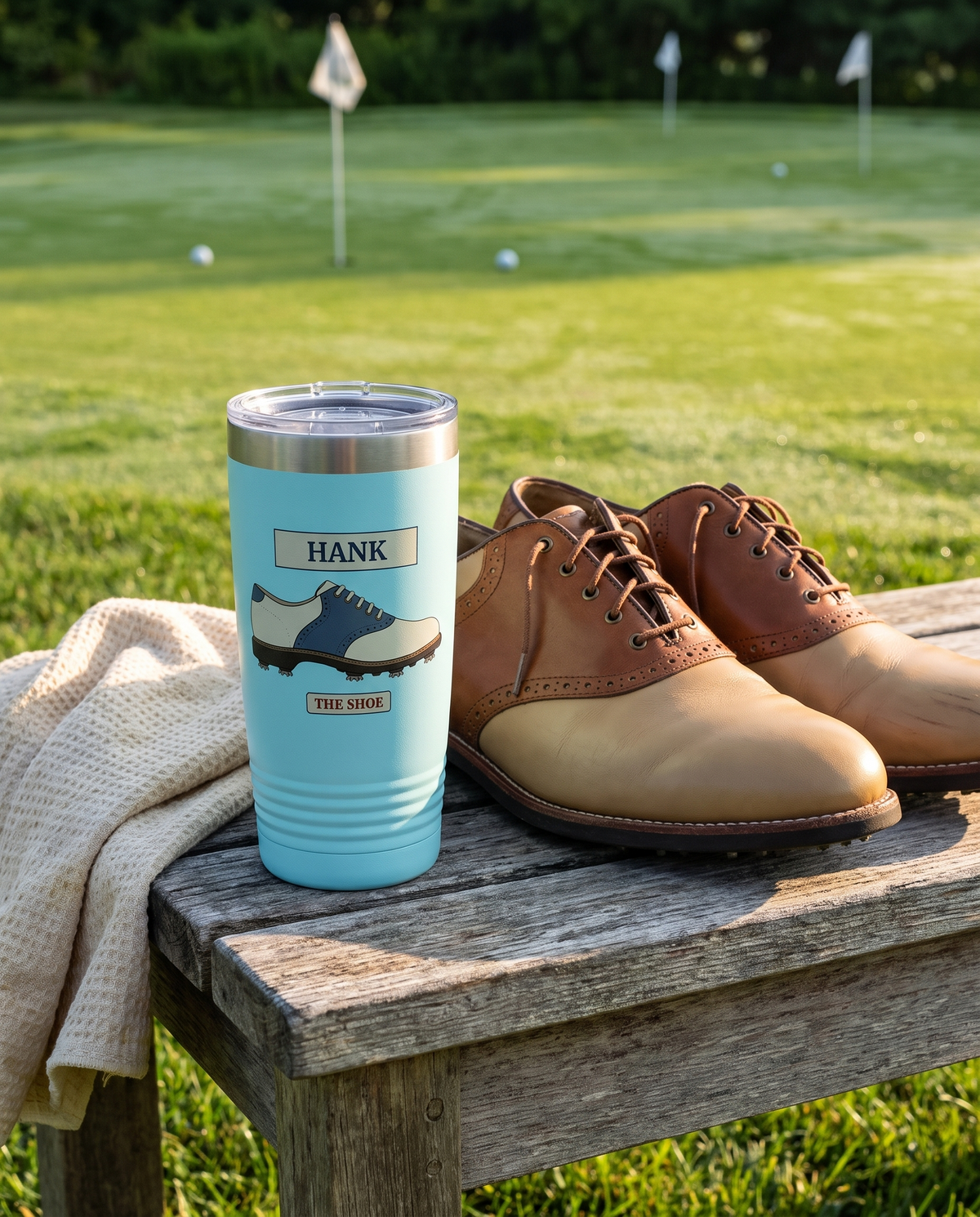 Course Plate Shoe personalized golf tumbler in light blue on a bench beside saddle golf shoes