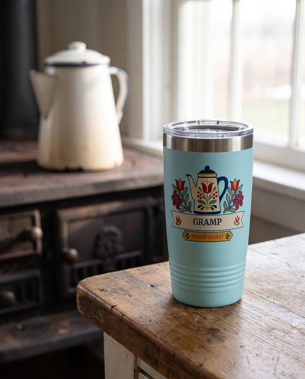 Folk Coffee Pot, a folk coffee pot in cream, navy, red, gold and sage, UV printed on the front of a 20oz Ringneck tumbler in Light Blue, sample name GRAMP, sits on a rustic kitchen counter at dawn, an enamel percolator on an old stove far behind