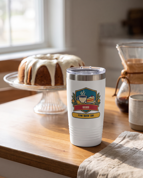 Coffee and Cake Badge, a coffee and cake badge in teal, red, cream, gold and olive, UV printed on the front of a 20oz Ringneck tumbler in White, sample name NAINAI, sits on a kitchen table set for coffee, a frosted bundt cake on a cake stand far behind, morning light
