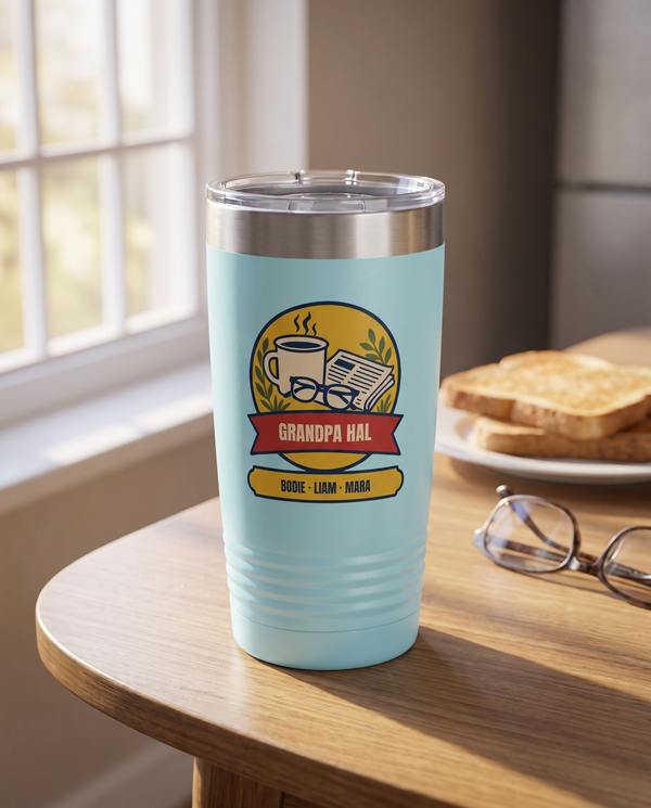 Morning Paper Badge, a morning coffee badge in gold, cream, red, navy and olive, UV printed on the front of a 20oz Ringneck tumbler in Light Blue, sample name GRANDPA HAL, sits on a breakfast table by a window, a plate of toast and folded reading glasses far behind, morning light