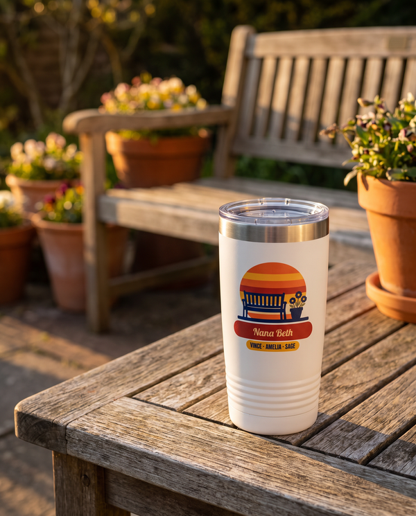 Garden Bench Sunset, a garden bench sunset in navy, orange, gold and red, UV printed on the front of a 20oz Ringneck tumbler in White, sample name Nana Beth, sits on a wooden garden table at golden hour, a garden bench and flower pots far behind, warm sunset