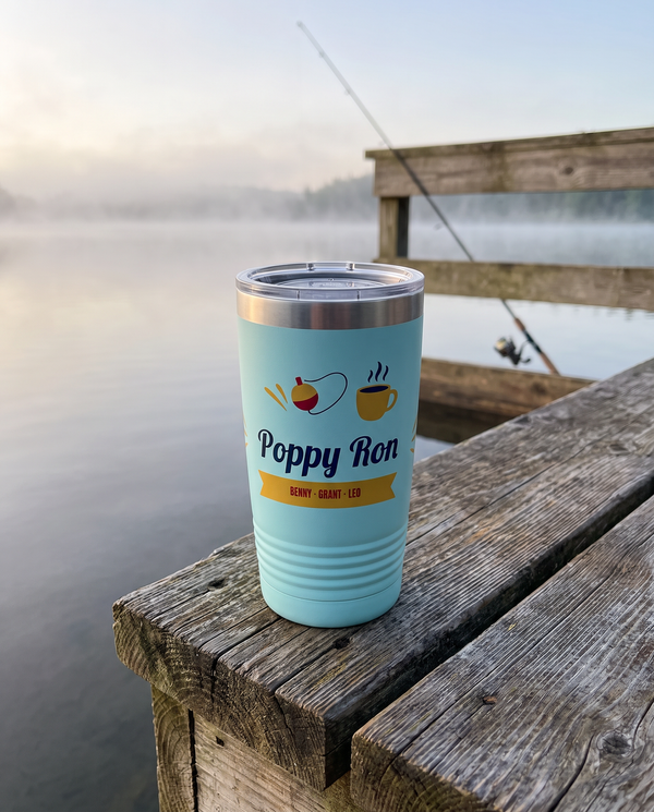 Bobber and Coffee Script, a fishing bobber, coffee cup and gold ribbon around a script name, UV printed on the front of a 20oz Ringneck tumbler in Light Blue, sample name Poppy Ron, sits on the end of a wooden dock at dawn, a fishing rod resting on the rail far behind, misty lake