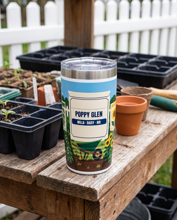 Seed Packets, a vegetable garden and seed packets in green, red, gold, brown and blue, printed all the way around a 20oz Ringneck tumbler in White, sample name POPPY GLEN, sits on a potting shed bench with seedling trays and a white picket fence far behind