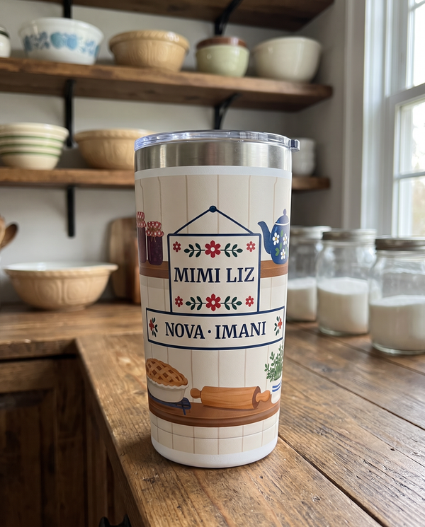 Kitchen Shelf, a kitchen shelf scene in red, blue, cream, green and wood brown, printed all the way around a 20oz Ringneck tumbler in White, sample name MIMI LIZ, sits on a farmhouse kitchen counter, open wooden shelves of mixing bowls and plain jars far behind