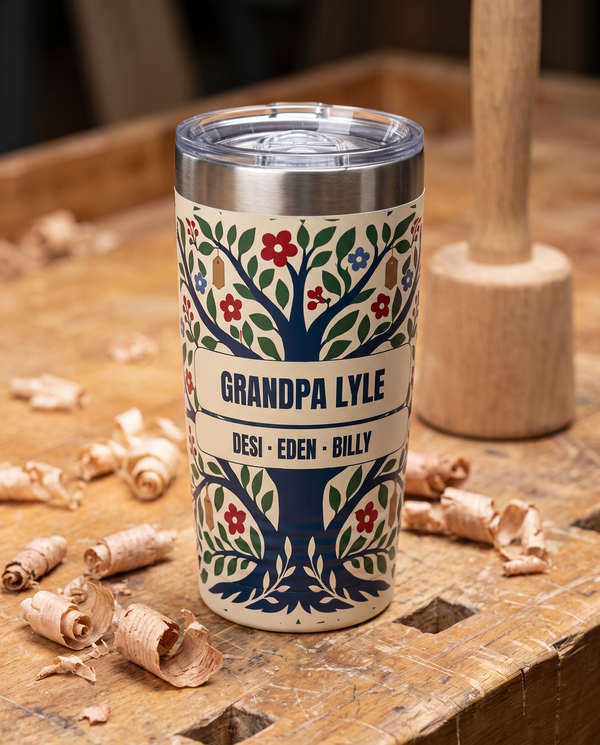 Family Tree, a folk family tree in navy, green, red, blue and tan on cream, printed all the way around a 20oz Ringneck tumbler in White, sample name GRANDPA LYLE, sits on a woodworking bench with curled wood shavings and a plain wooden mallet with no markings far behind, warm workshop light