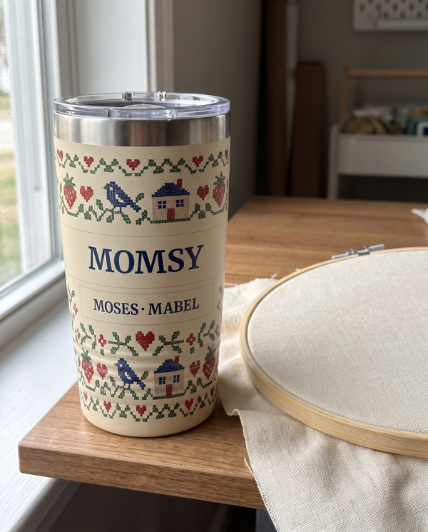 Cross-Stitch Sampler, a cross-stitch sampler in red, green, navy and cream, printed all the way around a 20oz Ringneck tumbler in White, sample name MOMSY, sits on a craft table beside a wooden embroidery hoop with plain linen stretched in it, window light