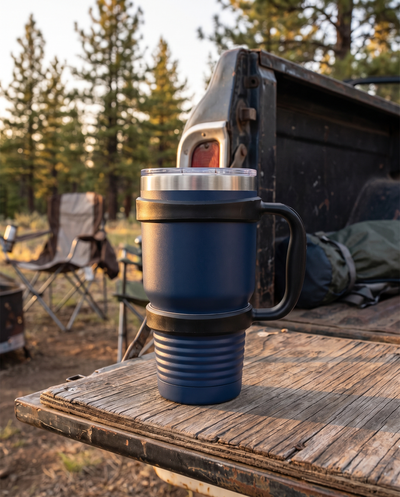 Black handle fitted to a navy 30oz Ringneck tumbler, on a truck tailgate at a campsite