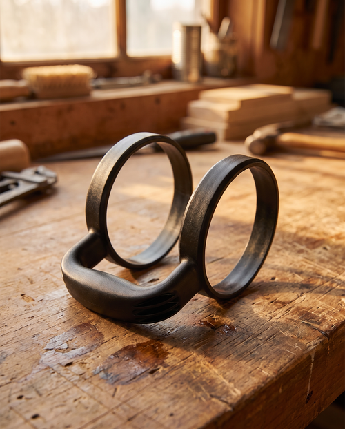 Black 30oz tumbler handle on its own showing both clamp rings and the grip, on a workbench