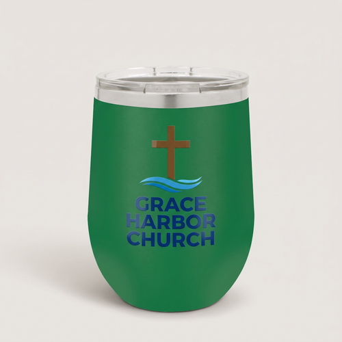 12oz Wine Tumbler with a custom full-color printed logo, studio photo | Karved Concepts