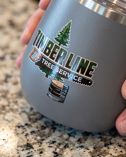 12oz Wine Tumbler with a custom full-color printed logo, close-up of the decoration | Karved Concepts