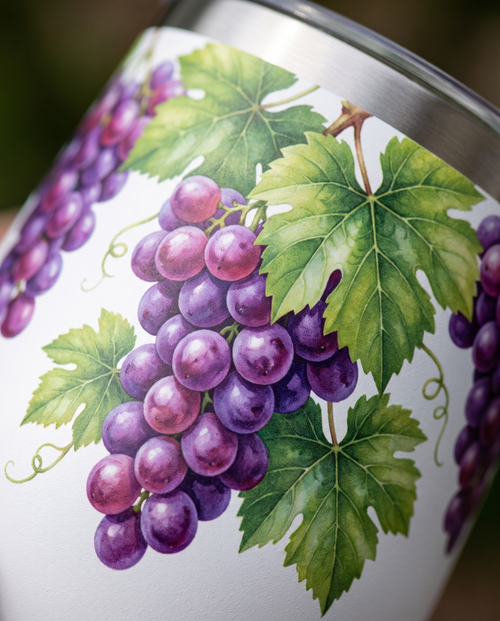 12oz Wine Tumbler, close-up of a full-color grapevine print | Karved Concepts