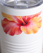 20oz Ringneck Tumbler, close-up of a full-color hibiscus print | Karved Concepts