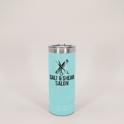 22oz Skinny Tumbler with a custom full-color printed logo, studio photo | Karved Concepts