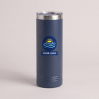 22oz Skinny Tumbler in Navy Blue with a full-color printed sample logo | Karved Concepts