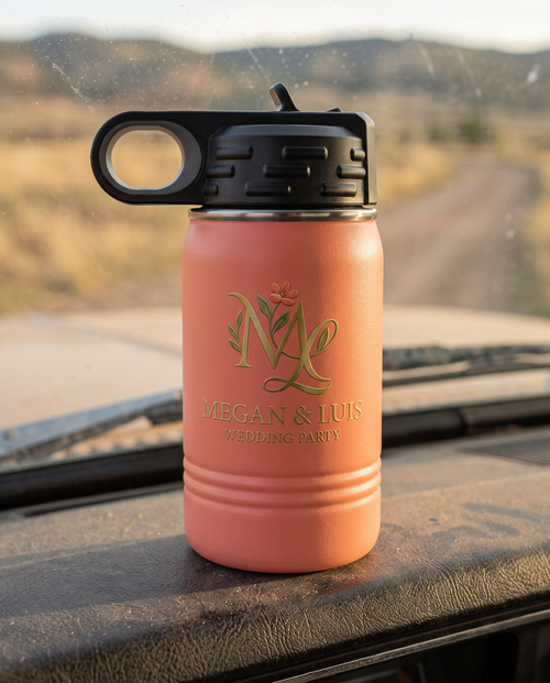 12oz Water Bottle with a custom full-color printed logo, close-up of the decoration | Karved Concepts