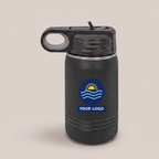 12oz Water Bottle in Black with a full-color printed sample logo | Karved Concepts