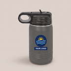 12oz Water Bottle in Dark Gray with a full-color printed sample logo | Karved Concepts