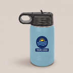 12oz Water Bottle in Light Blue with a full-color printed sample logo | Karved Concepts