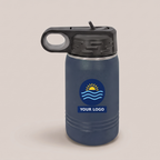 12oz Water Bottle in Navy Blue with a full-color printed sample logo | Karved Concepts