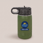 12oz Water Bottle in Olive Green with a full-color printed sample logo | Karved Concepts